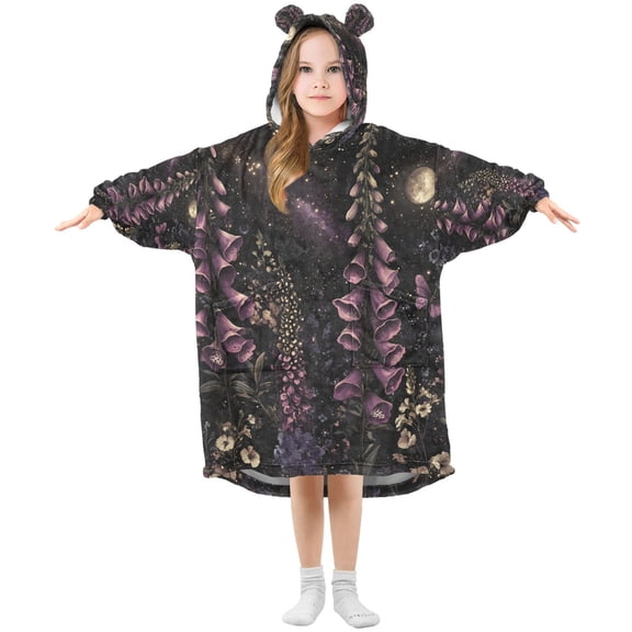 FORMRS Wearable Blanket Hoodie with Sleeves for Kids Cozy Flannel Sweatshirt, Dark Gothic Floral