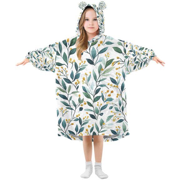 FORMRS Wearable Blanket Hoodie with Sleeves for Kids Cozy Flannel Sweatshirt, Darker Leafy Pattern