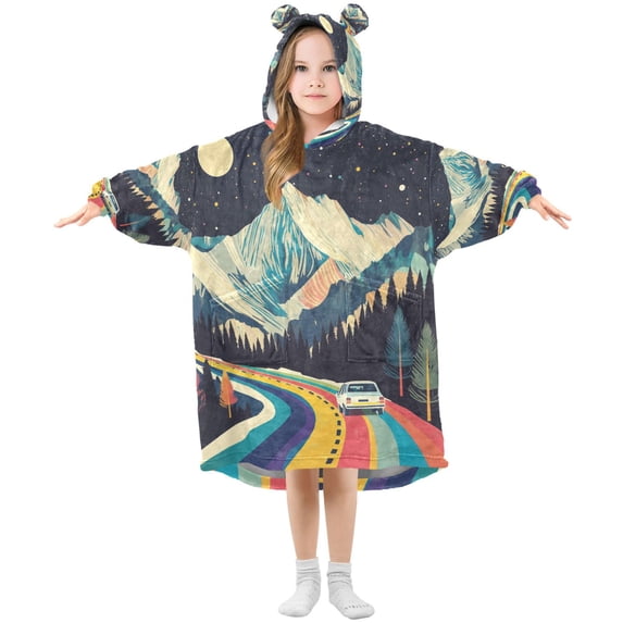 FORMRS Wearable Blanket Hoodie with Sleeves for Kids Cozy Flannel Sweatshirt, Evening Mountain Road