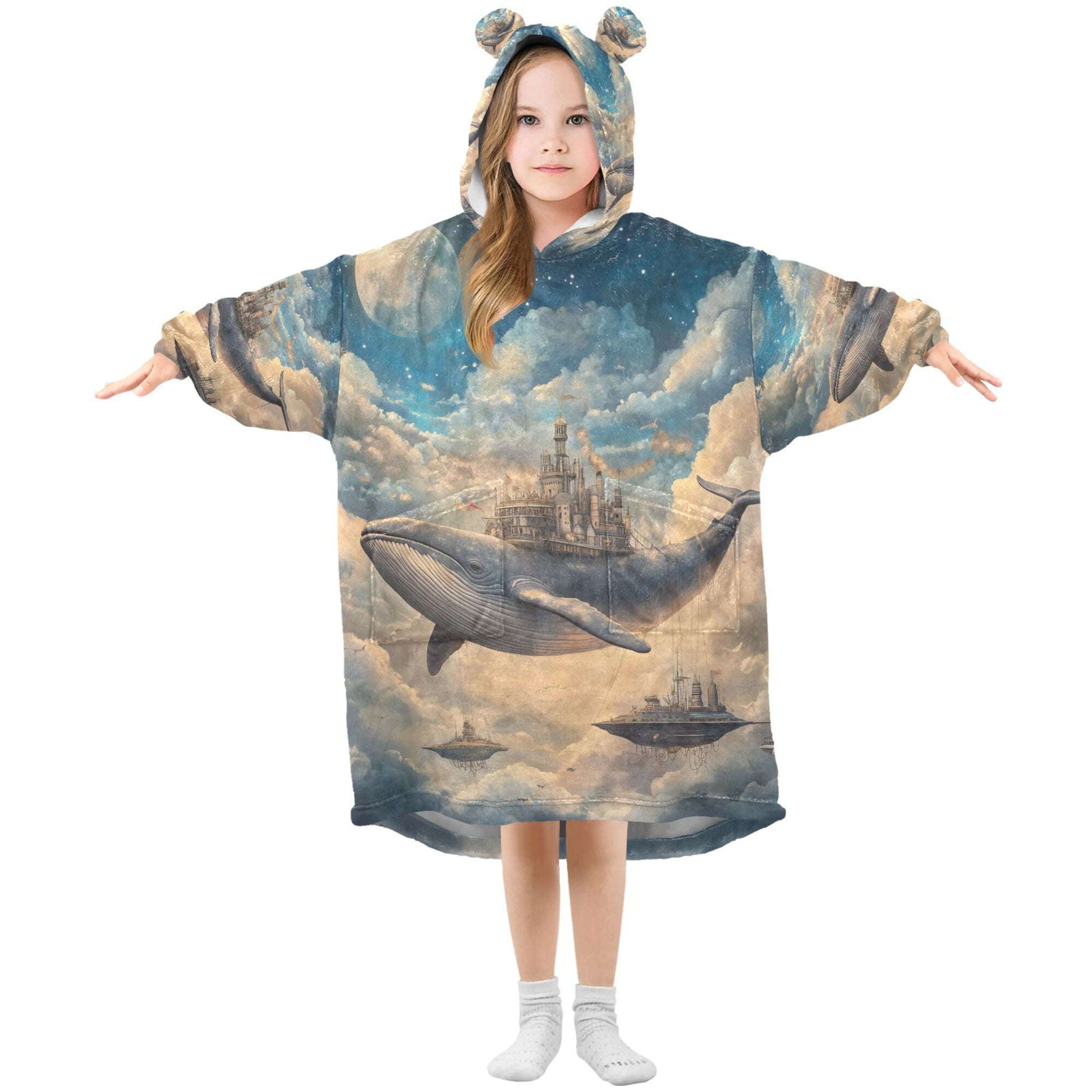 FORMRS Wearable Blanket Hoodie with Sleeves for Kids Cozy Flannel Sweatshirt, Floating Whale