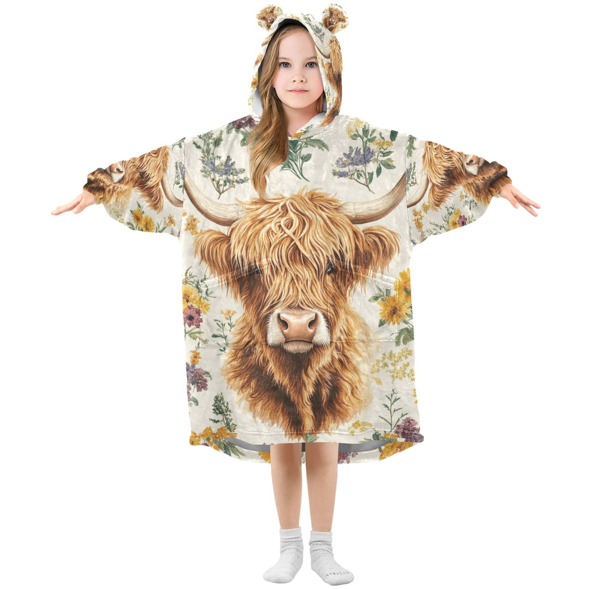 FORMRS Wearable Blanket Hoodie with Sleeves for Kids Cozy Flannel Sweatshirt, Floral Cow