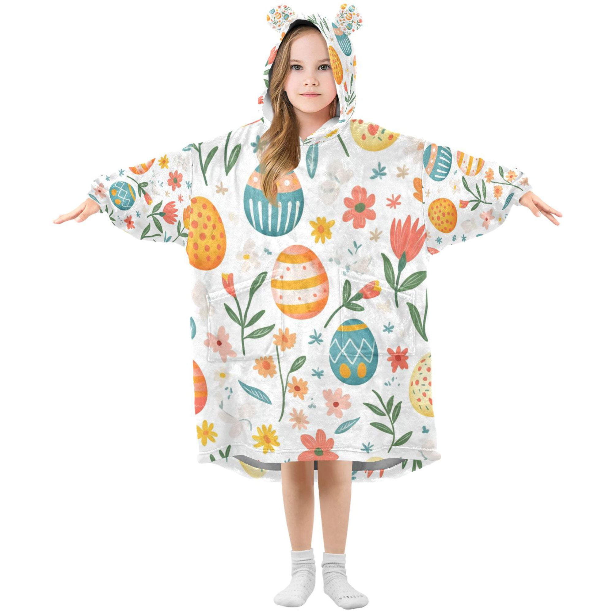 FORMRS Wearable Blanket Hoodie with Sleeves for Kids Cozy Flannel Sweatshirt, Floral Easter Eggs