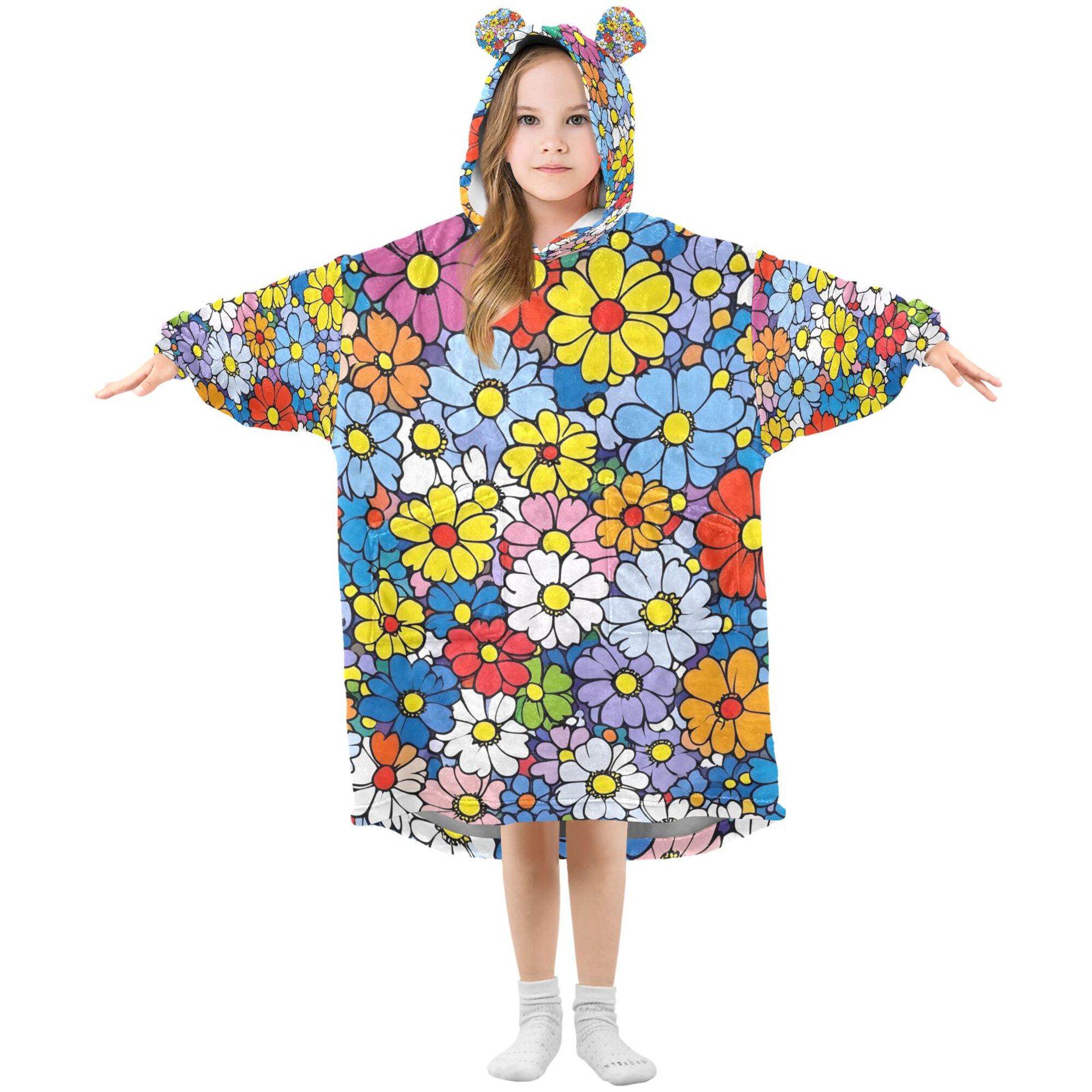 FORMRS Wearable Blanket Hoodie with Sleeves for Kids Cozy Flannel Sweatshirt, Floral Fiesta