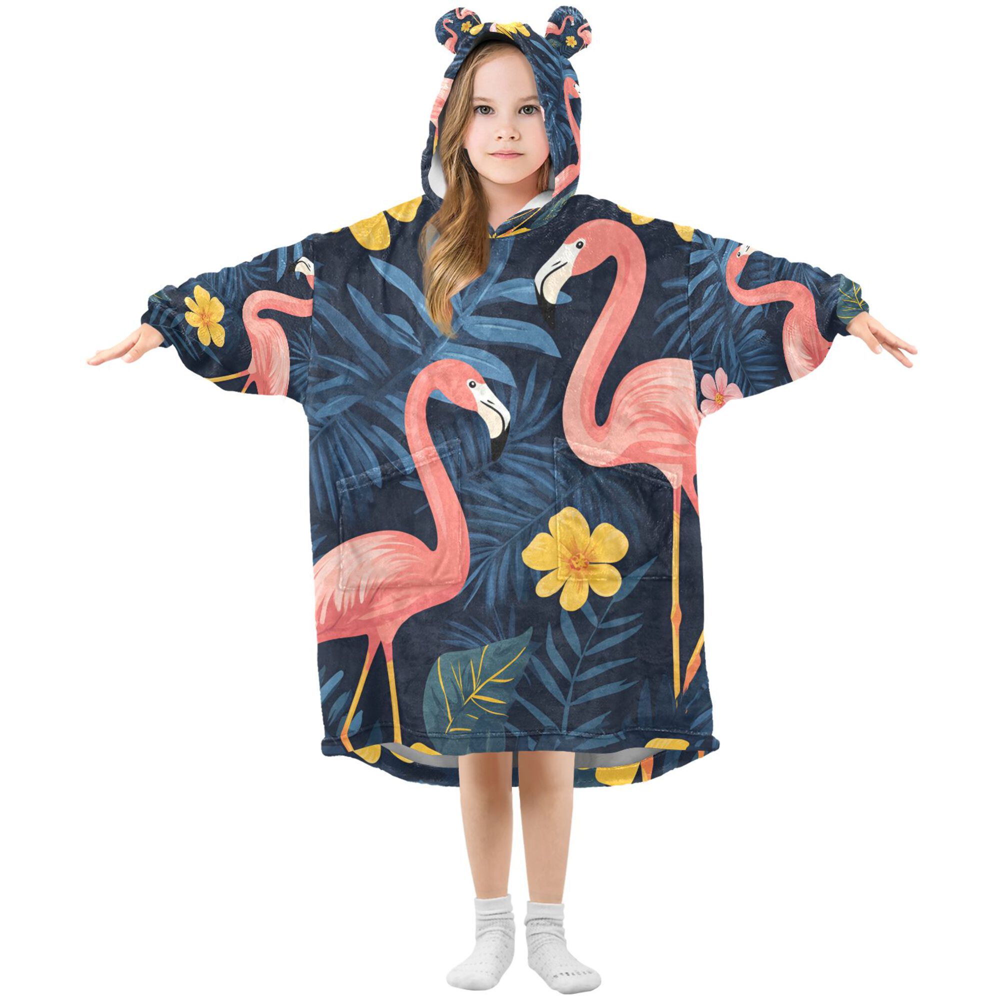FORMRS Wearable Blanket Hoodie with Sleeves for Kids Cozy Flannel Sweatshirt, Floral Flamingo