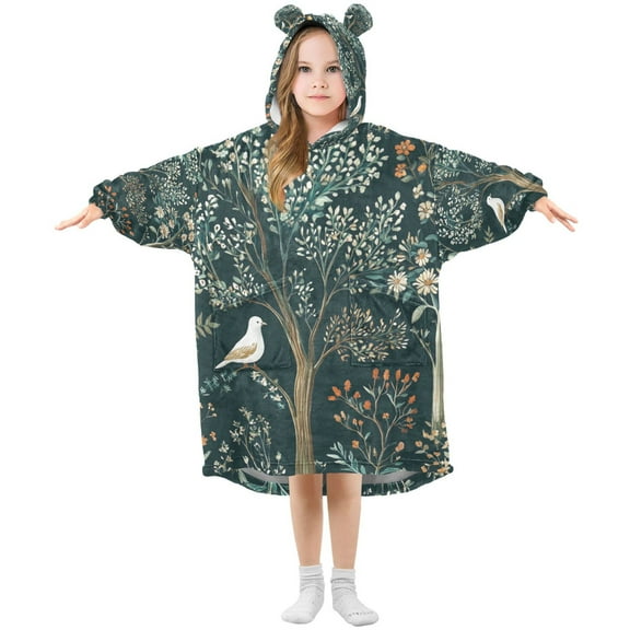 FORMRS Wearable Blanket Hoodie with Sleeves for Kids Cozy Flannel Sweatshirt, Floral Forest Scene
