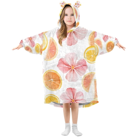 FORMRS Wearable Blanket Hoodie with Sleeves for Kids Cozy Flannel Sweatshirt, Floral Orange