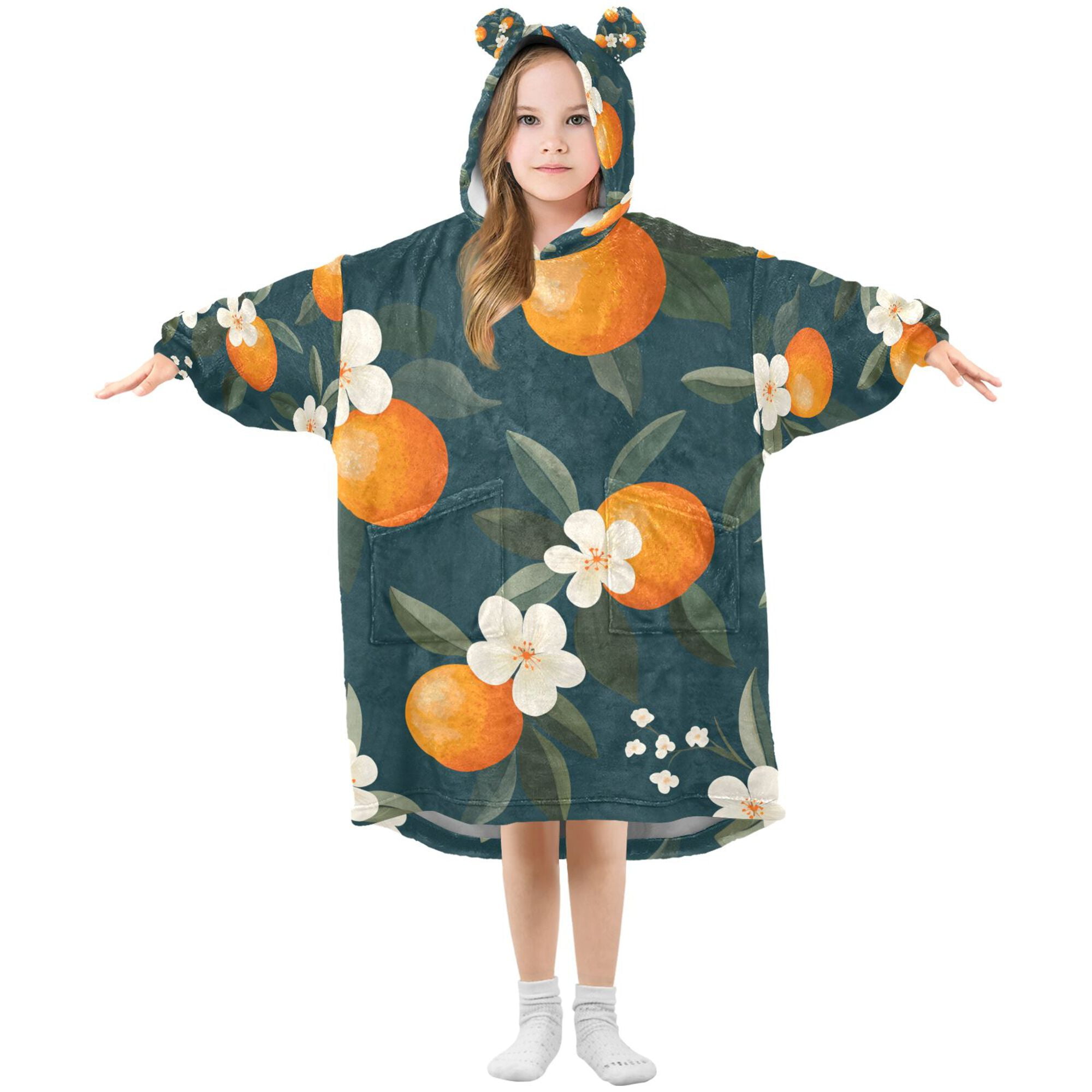 FORMRS Wearable Blanket Hoodie with Sleeves for Kids Cozy Flannel Sweatshirt, Floral Oranges