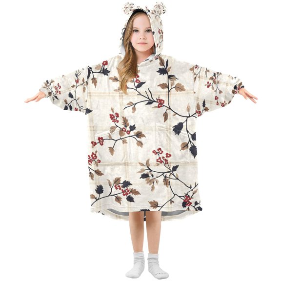 FORMRS Wearable Blanket Hoodie with Sleeves for Kids Cozy Flannel Sweatshirt, Floral Plaid