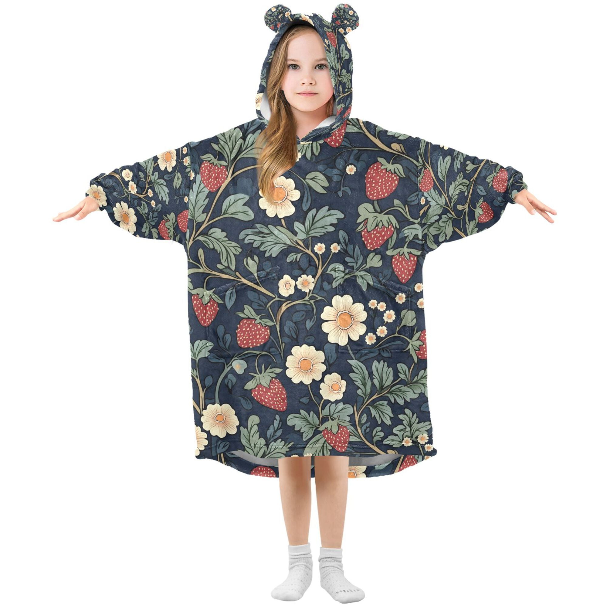 FORMRS Wearable Blanket Hoodie with Sleeves for Kids Cozy Flannel Sweatshirt, Floral Raspberry Pattern
