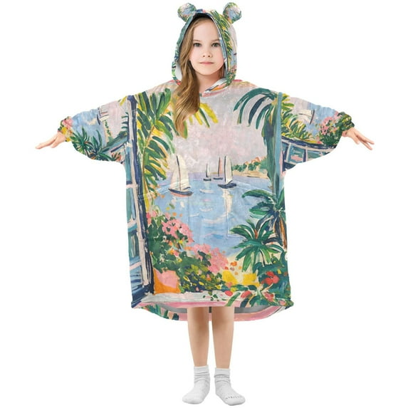 FORMRS Wearable Blanket Hoodie with Sleeves for Kids Cozy Flannel Sweatshirt, Floral Seaside