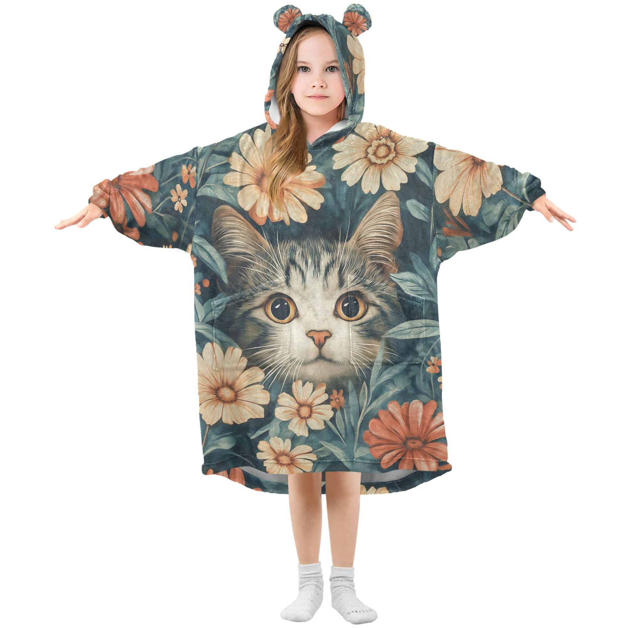 FORMRS Wearable Blanket Hoodie with Sleeves for Kids Cozy Flannel Sweatshirt, Flowers Cat