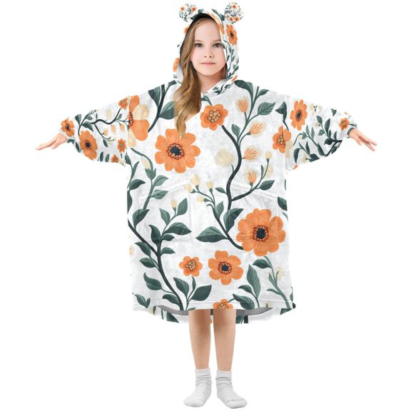 FORMRS Wearable Blanket Hoodie with Sleeves for Kids Cozy Flannel Sweatshirt, Flowers Pattern