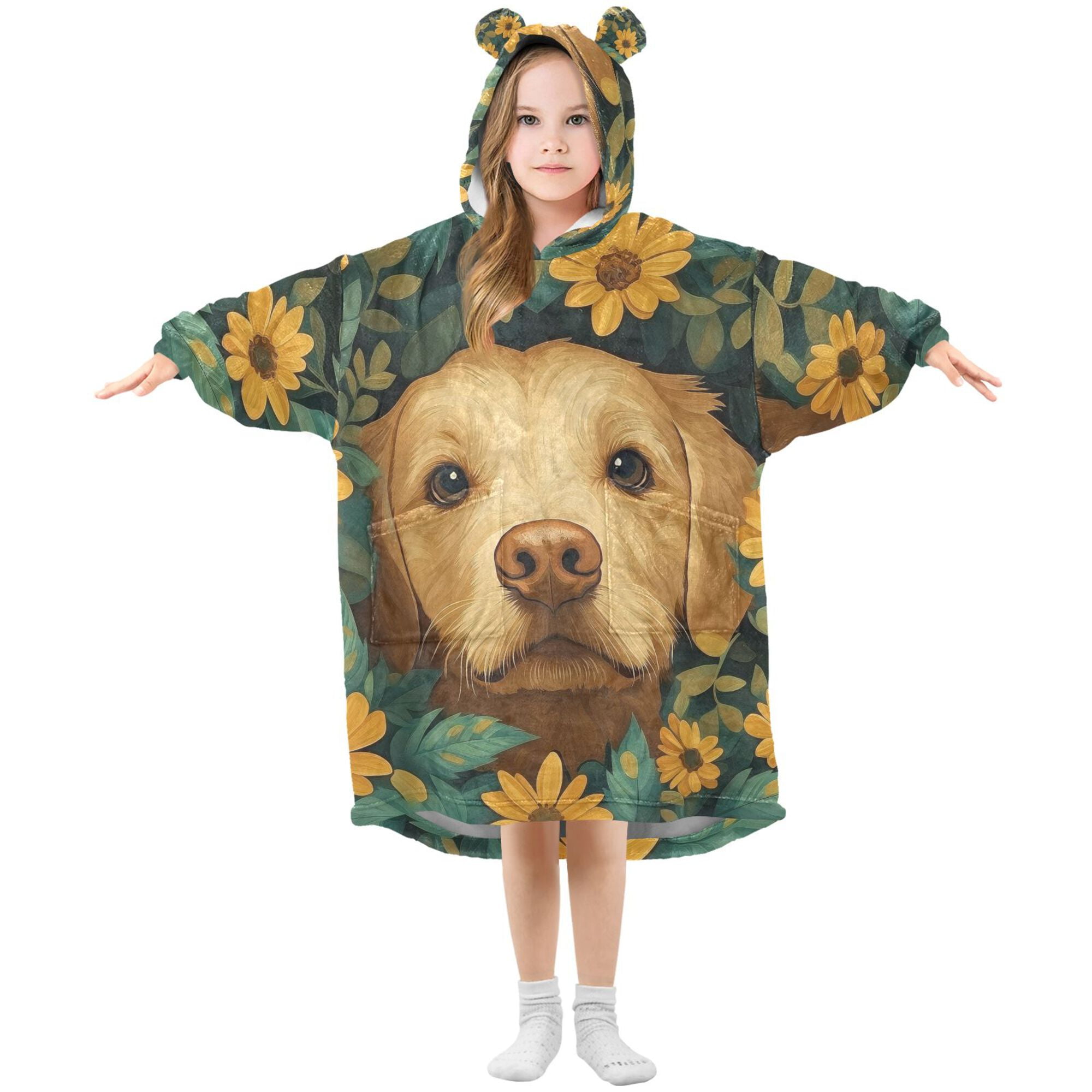 FORMRS Wearable Blanket Hoodie with Sleeves for Kids Cozy Flannel Sweatshirt, Flowers and Dog