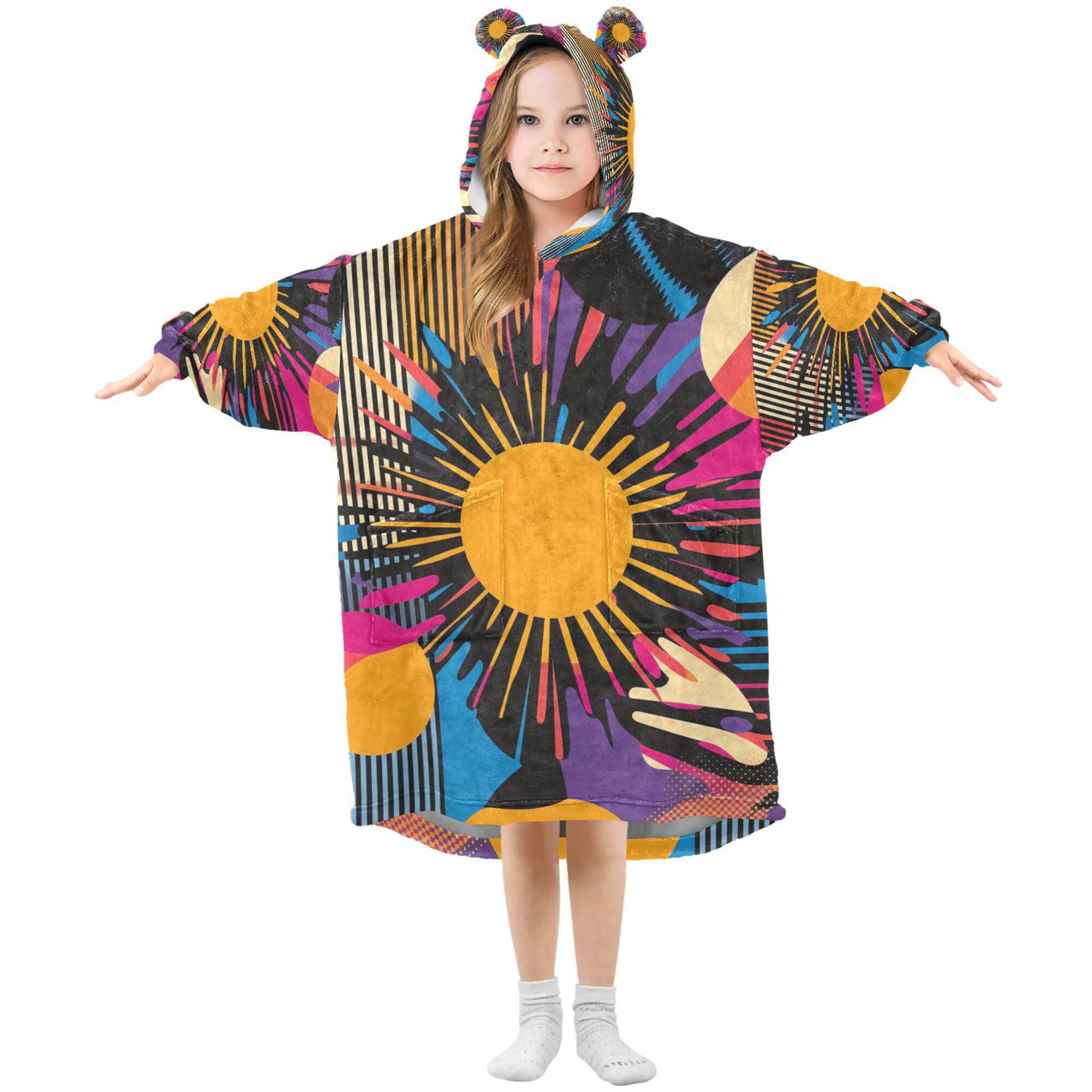 FORMRS Wearable Blanket Hoodie with Sleeves for Kids Cozy Flannel Sweatshirt, Futuristic Circles