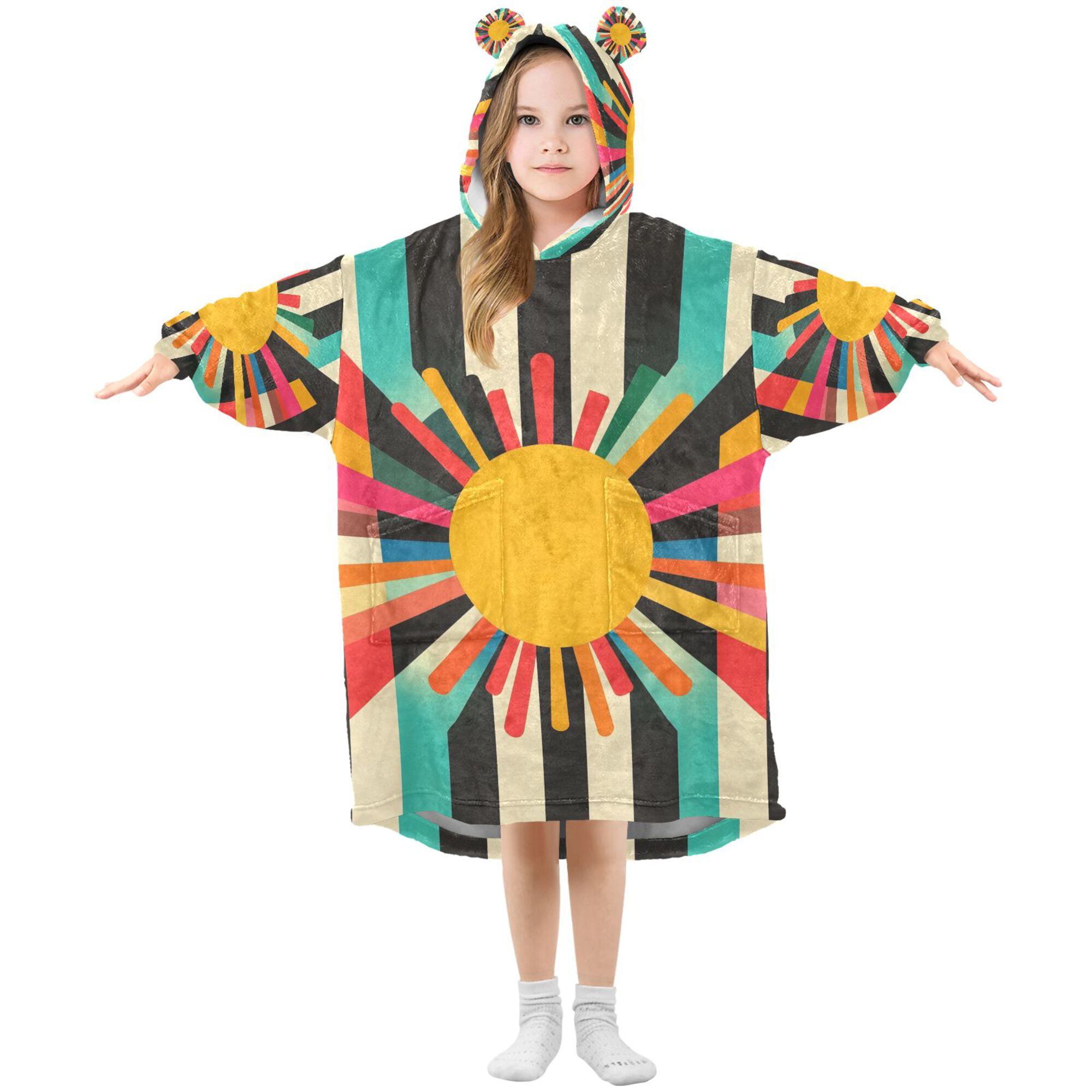 FORMRS Wearable Blanket Hoodie with Sleeves for Kids Cozy Flannel Sweatshirt, Geometric Sun