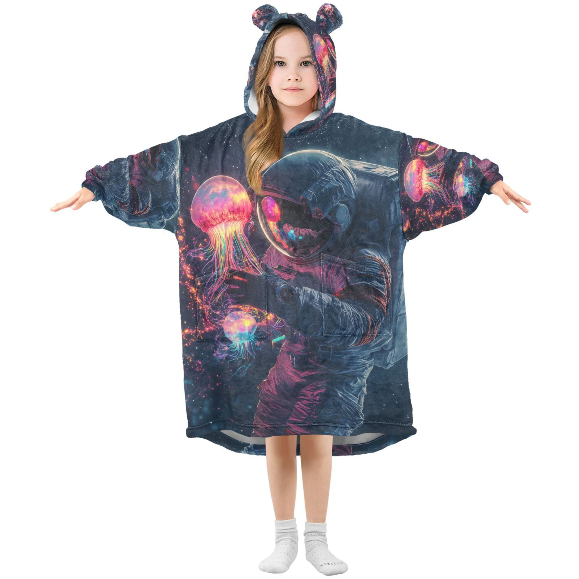FORMRS Wearable Blanket Hoodie with Sleeves for Kids Cozy Flannel Sweatshirt, Glowing Jellyfish