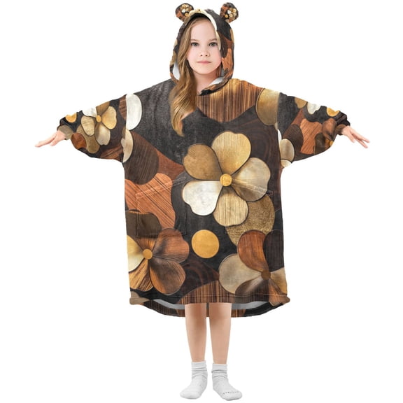 FORMRS Wearable Blanket Hoodie with Sleeves for Kids Cozy Flannel Sweatshirt, Gold Flower
