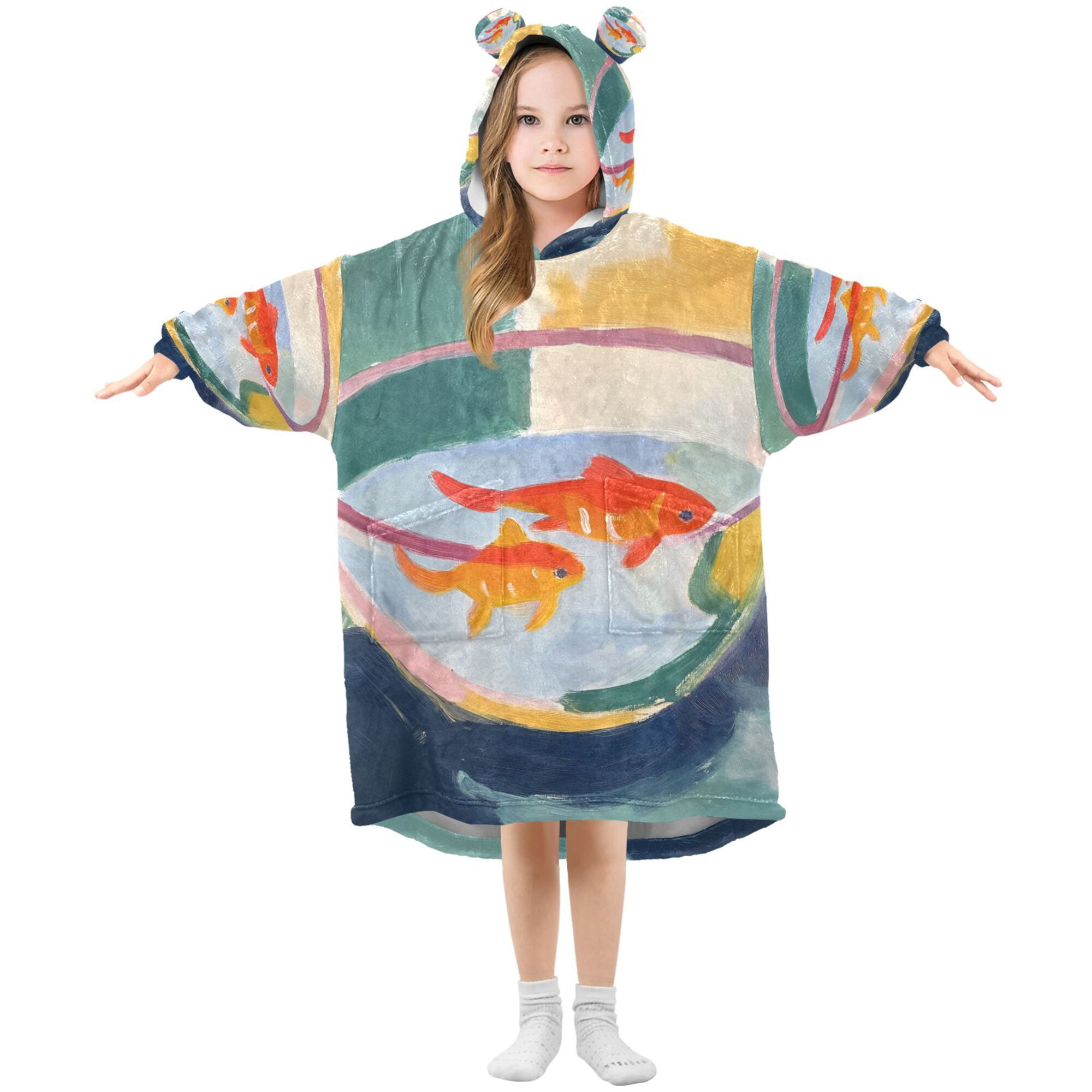FORMRS Wearable Blanket Hoodie with Sleeves for Kids Cozy Flannel Sweatshirt, Goldfish Bowl