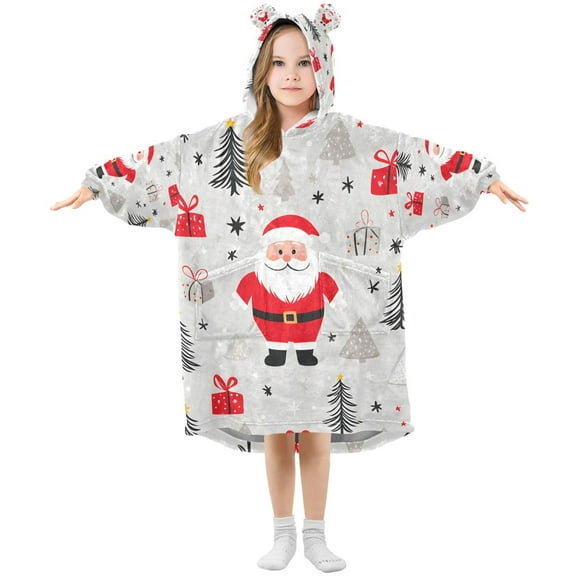 FORMRS Wearable Blanket Hoodie with Sleeves for Kids Cozy Flannel Sweatshirt, Gray Christmas Santa
