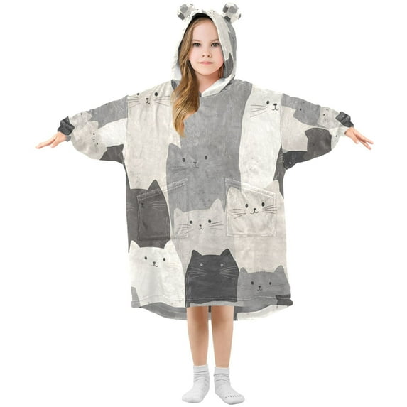 FORMRS Wearable Blanket Hoodie with Sleeves for Kids Cozy Flannel Sweatshirt, Gray Cute Cats