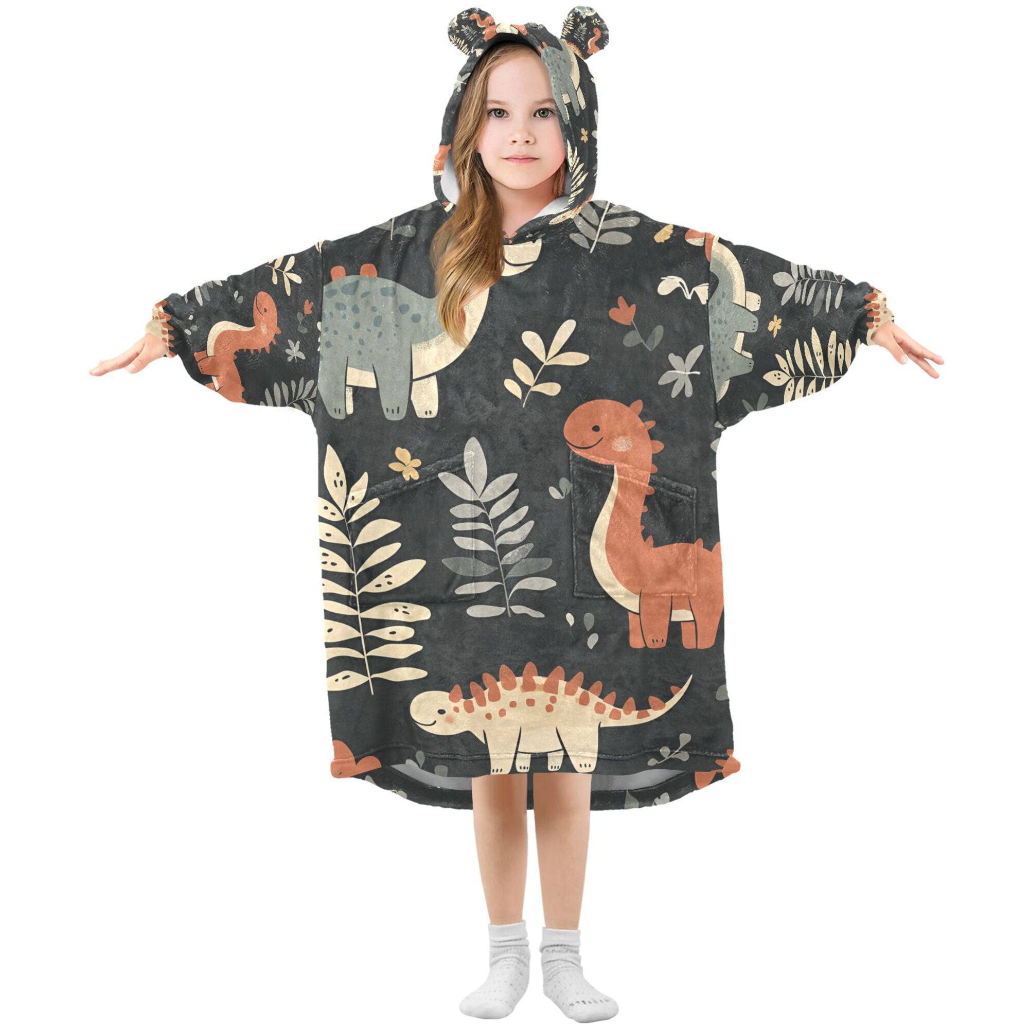FORMRS Wearable Blanket Hoodie with Sleeves for Kids Cozy Flannel Sweatshirt, Gray Dinosaur