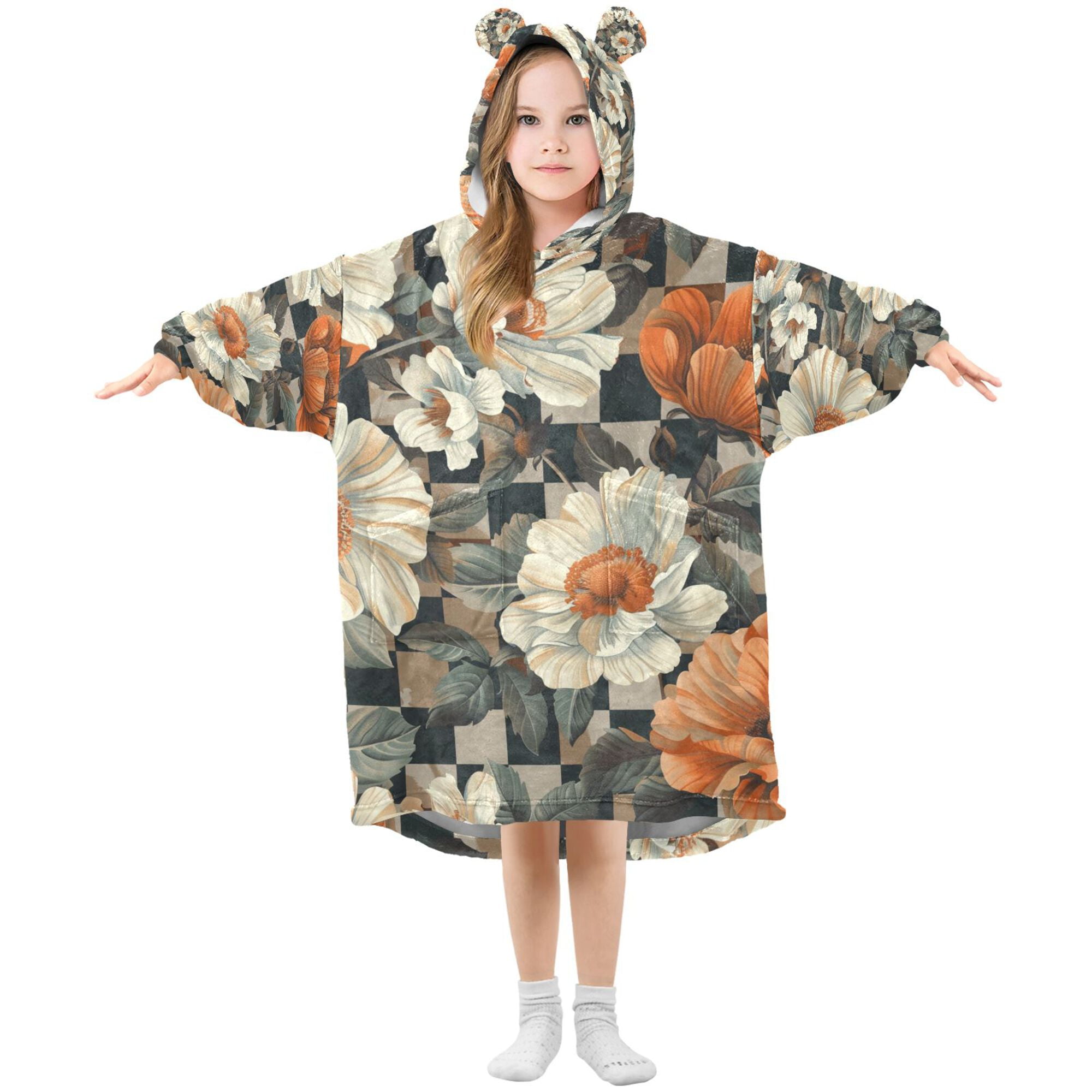 FORMRS Wearable Blanket Hoodie with Sleeves for Kids Cozy Flannel Sweatshirt, Gray Floral Pattern