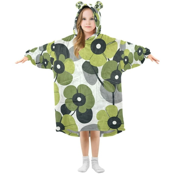 FORMRS Wearable Blanket Hoodie with Sleeves for Kids Cozy Flannel Sweatshirt, Gray Floral