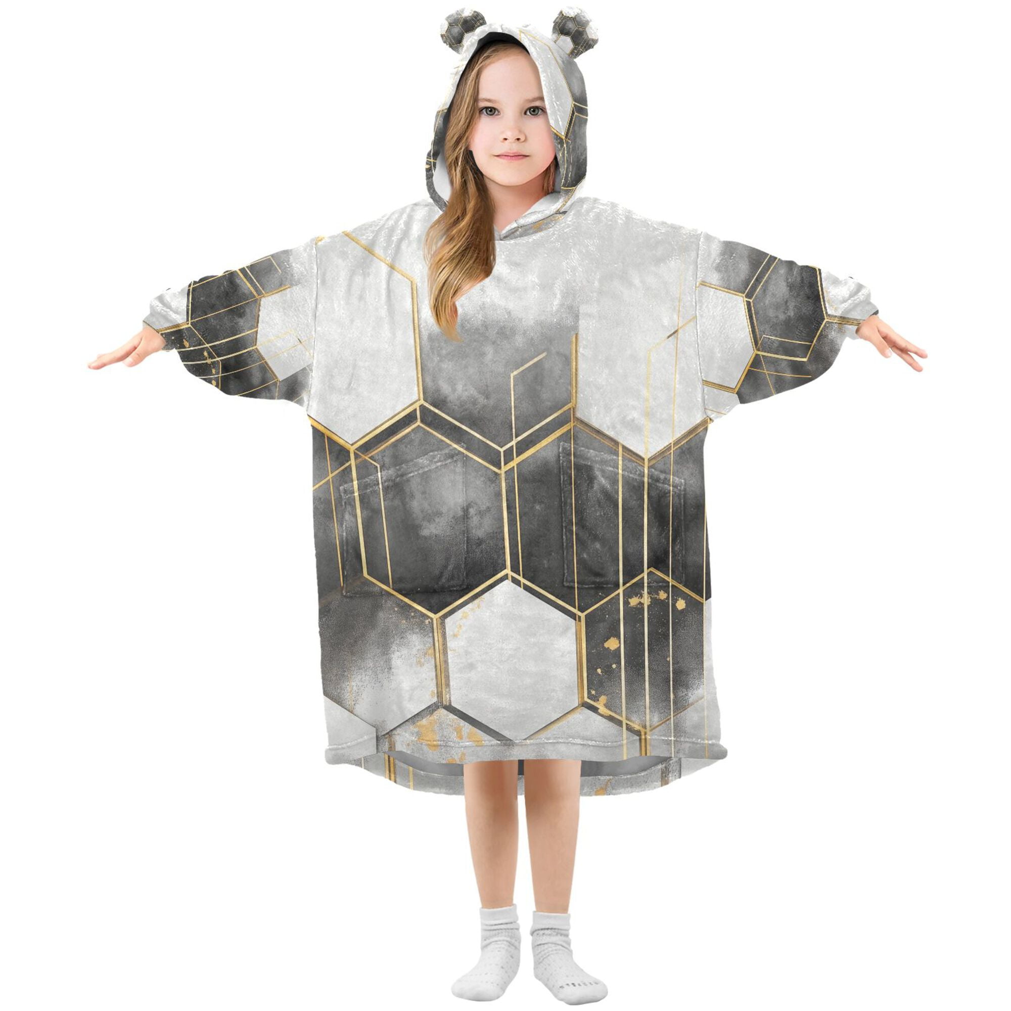 FORMRS Wearable Blanket Hoodie with Sleeves for Kids Cozy Flannel Sweatshirt, Gray Hexagons