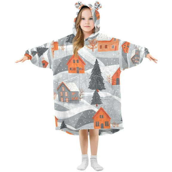 FORMRS Wearable Blanket Hoodie with Sleeves for Kids Cozy Flannel Sweatshirt, Gray Snow Houses