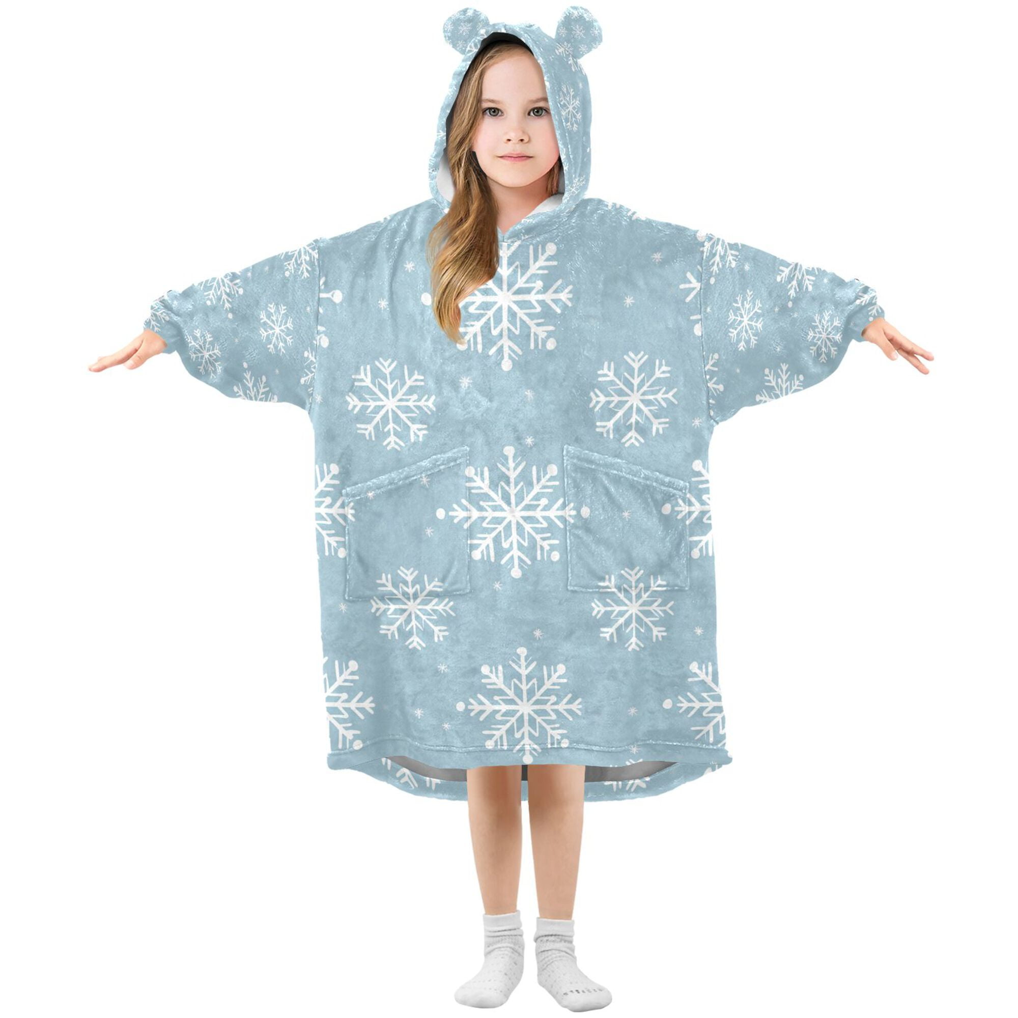 FORMRS Wearable Blanket Hoodie with Sleeves for Kids Cozy Flannel Sweatshirt, Gray Snowflake