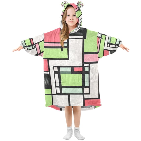 FORMRS Wearable Blanket Hoodie with Sleeves for Kids Cozy Flannel Sweatshirt, Green Abstract Geometric