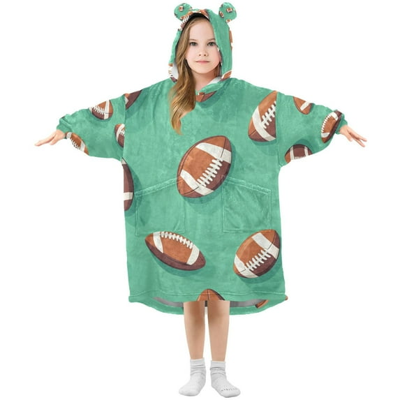 FORMRS Wearable Blanket Hoodie with Sleeves for Kids Cozy Flannel Sweatshirt, Green American Footballs