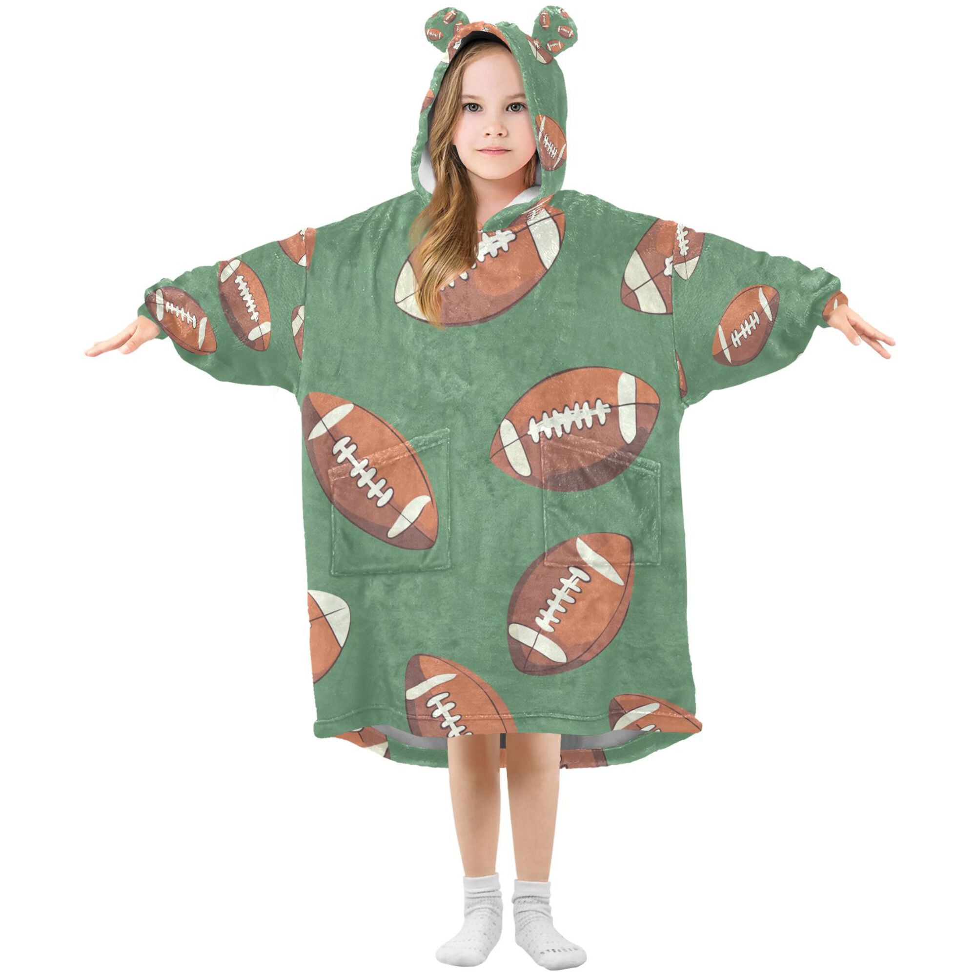 FORMRS Wearable Blanket Hoodie with Sleeves for Kids Cozy Flannel Sweatshirt, Green American Footballs