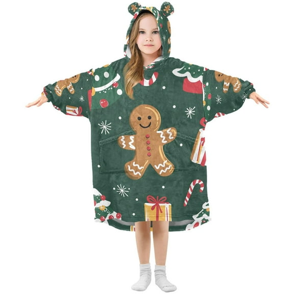 FORMRS Wearable Blanket Hoodie with Sleeves for Kids Cozy Flannel Sweatshirt, Green Christmas Gingerbread