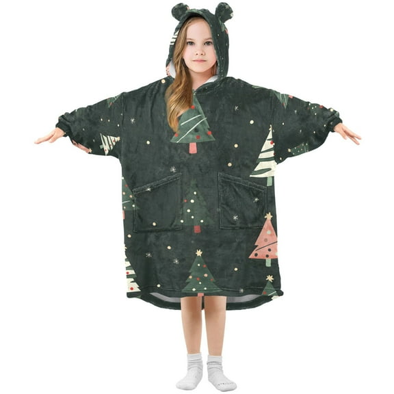 FORMRS Wearable Blanket Hoodie with Sleeves for Kids Cozy Flannel Sweatshirt, Green Christmas Trees
