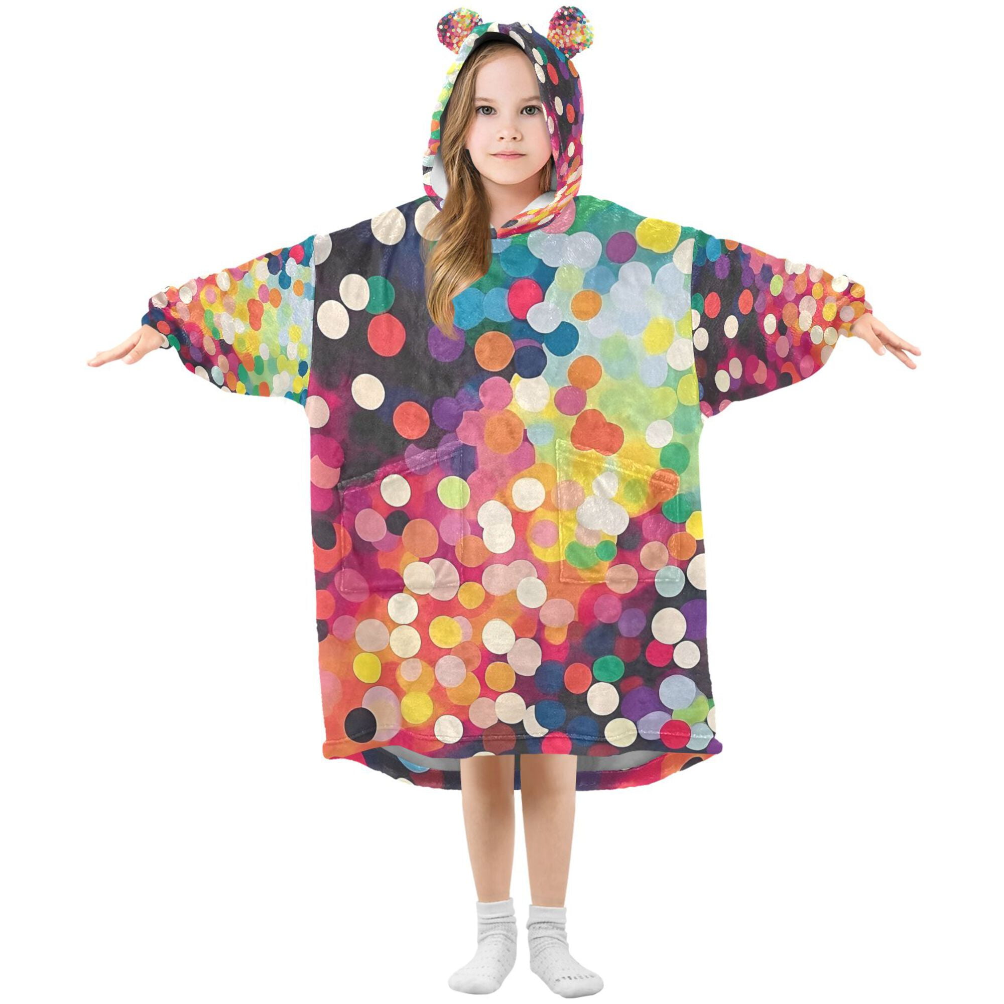 FORMRS Wearable Blanket Hoodie with Sleeves for Kids Cozy Flannel Sweatshirt, Green Colorful Circles