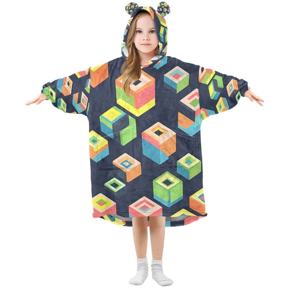 FORMRS Wearable Blanket Hoodie with Sleeves for Kids Cozy Flannel Sweatshirt, Green Cubes