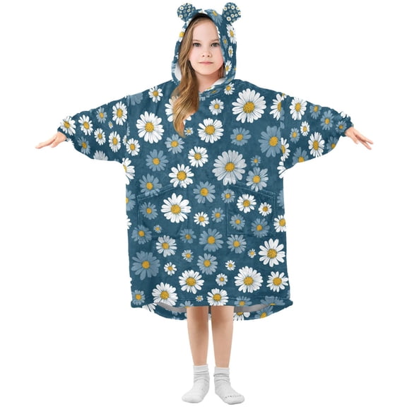 FORMRS Wearable Blanket Hoodie with Sleeves for Kids Cozy Flannel Sweatshirt, Green Daisy Pattern