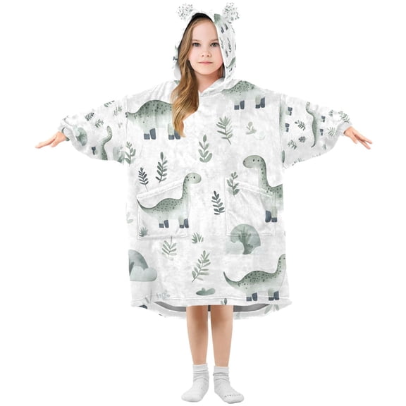 FORMRS Wearable Blanket Hoodie with Sleeves for Kids Cozy Flannel Sweatshirt, Green Dinosaur Pattern