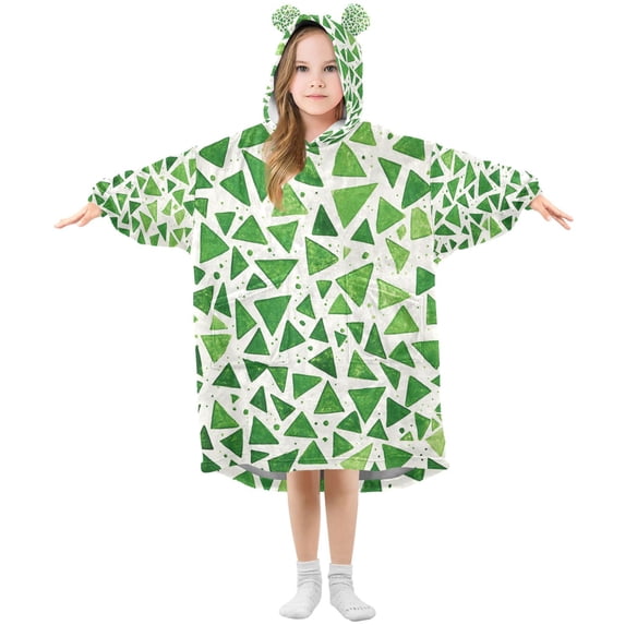 FORMRS Wearable Blanket Hoodie with Sleeves for Kids Cozy Flannel Sweatshirt, Green Dot Triangles Pattern