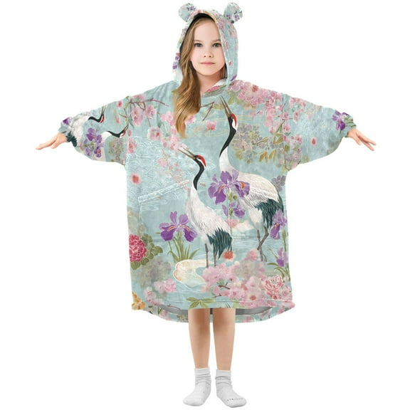 FORMRS Wearable Blanket Hoodie with Sleeves for Kids Cozy Flannel Sweatshirt, Green Floral Cranes Pattern