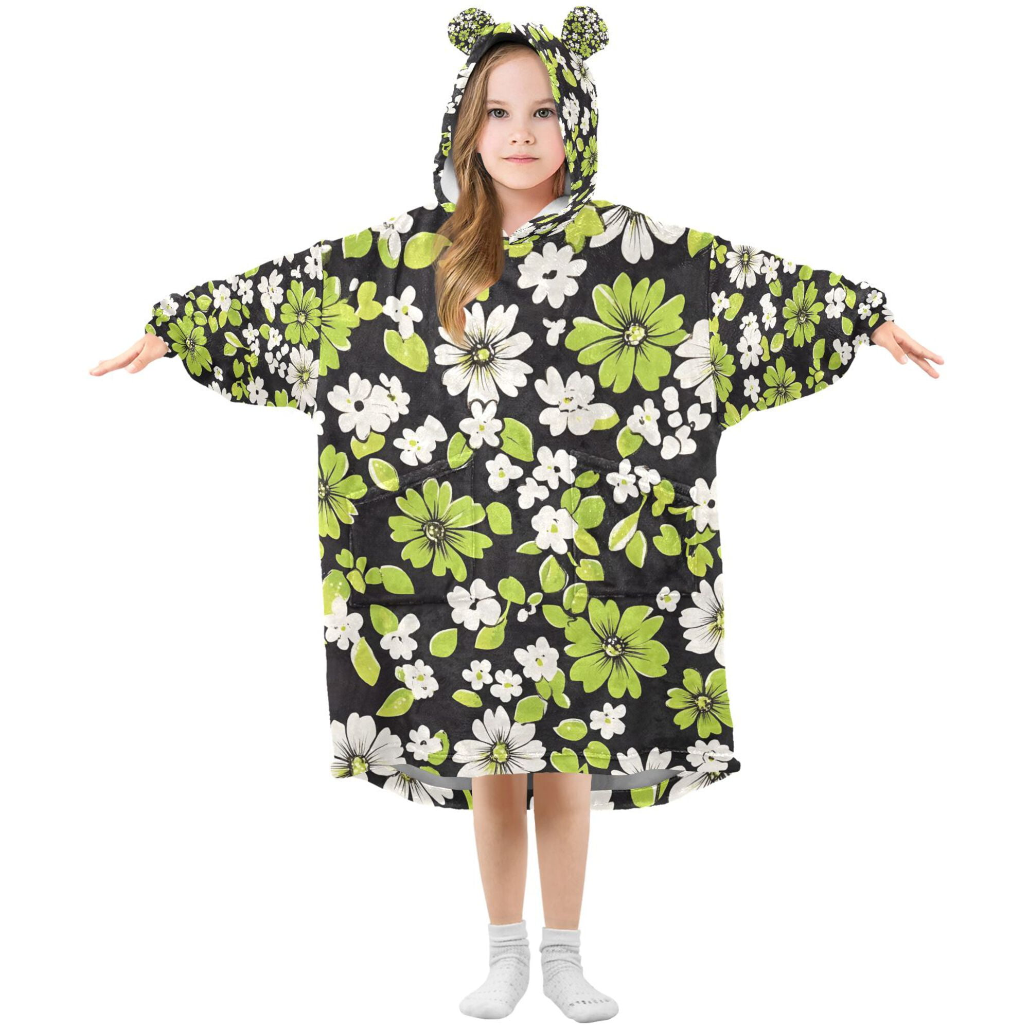 FORMRS Wearable Blanket Hoodie with Sleeves for Kids Cozy Flannel Sweatshirt, Green Flower Pattern
