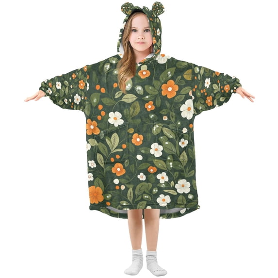 FORMRS Wearable Blanket Hoodie with Sleeves for Kids Cozy Flannel Sweatshirt, Green Flowers Pattern