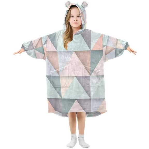 FORMRS Wearable Blanket Hoodie with Sleeves for Kids Cozy Flannel Sweatshirt, Green Geometric
