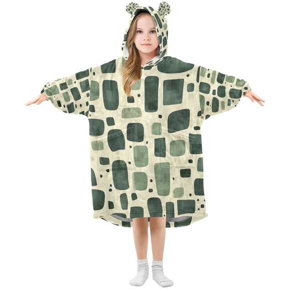 FORMRS Wearable Blanket Hoodie with Sleeves for Kids Cozy Flannel Sweatshirt, Green Geometric