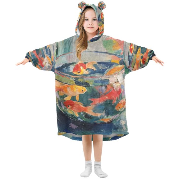 FORMRS Wearable Blanket Hoodie with Sleeves for Kids Cozy Flannel Sweatshirt, Green Goldfish