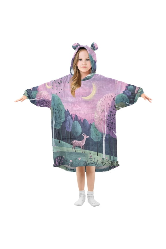 Wearable Blanket Hoodie with Sleeves for Kids Cozy Flannel Sweatshirt, Green Night Deer