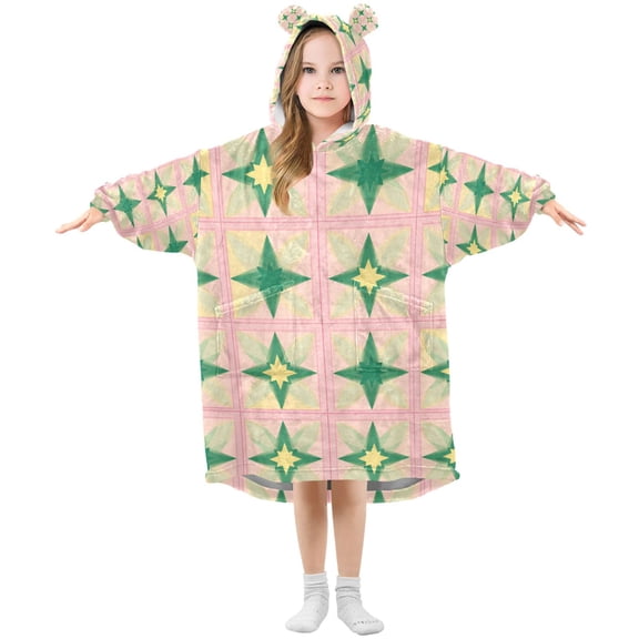 FORMRS Wearable Blanket Hoodie with Sleeves for Kids Cozy Flannel Sweatshirt, Green Symmetrical Stars