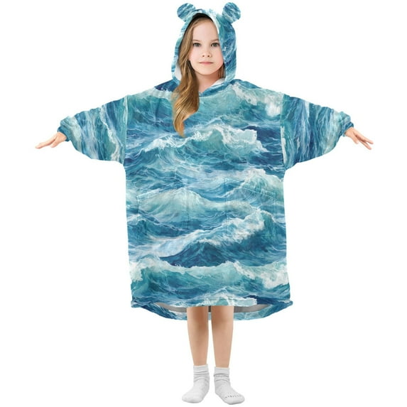 FORMRS Wearable Blanket Hoodie with Sleeves for Kids Cozy Flannel Sweatshirt, Green Watercolor Ocean Waves