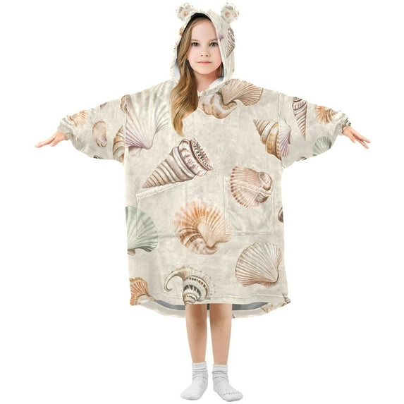 FORMRS Wearable Blanket Hoodie with Sleeves for Kids Cozy Flannel Sweatshirt, Green Watercolor Seashells